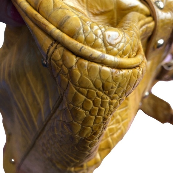 BRAHMIN golden yellow reptile textured leather two-way carry purse. Zip top - Picture 6 of 16